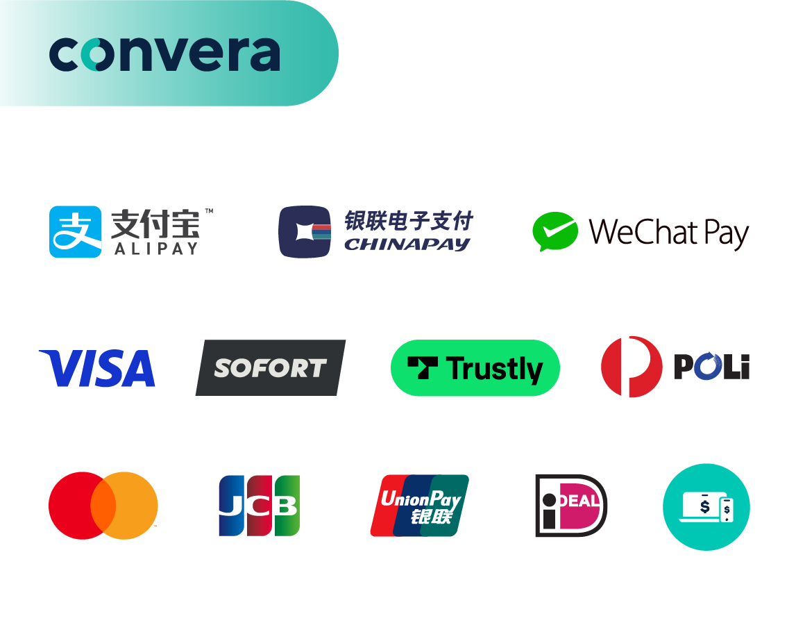convera banks: alipay, chinapay, wechat pay, trustly, sofort, poli, visa, mastercard, jcb, union pat, ideal